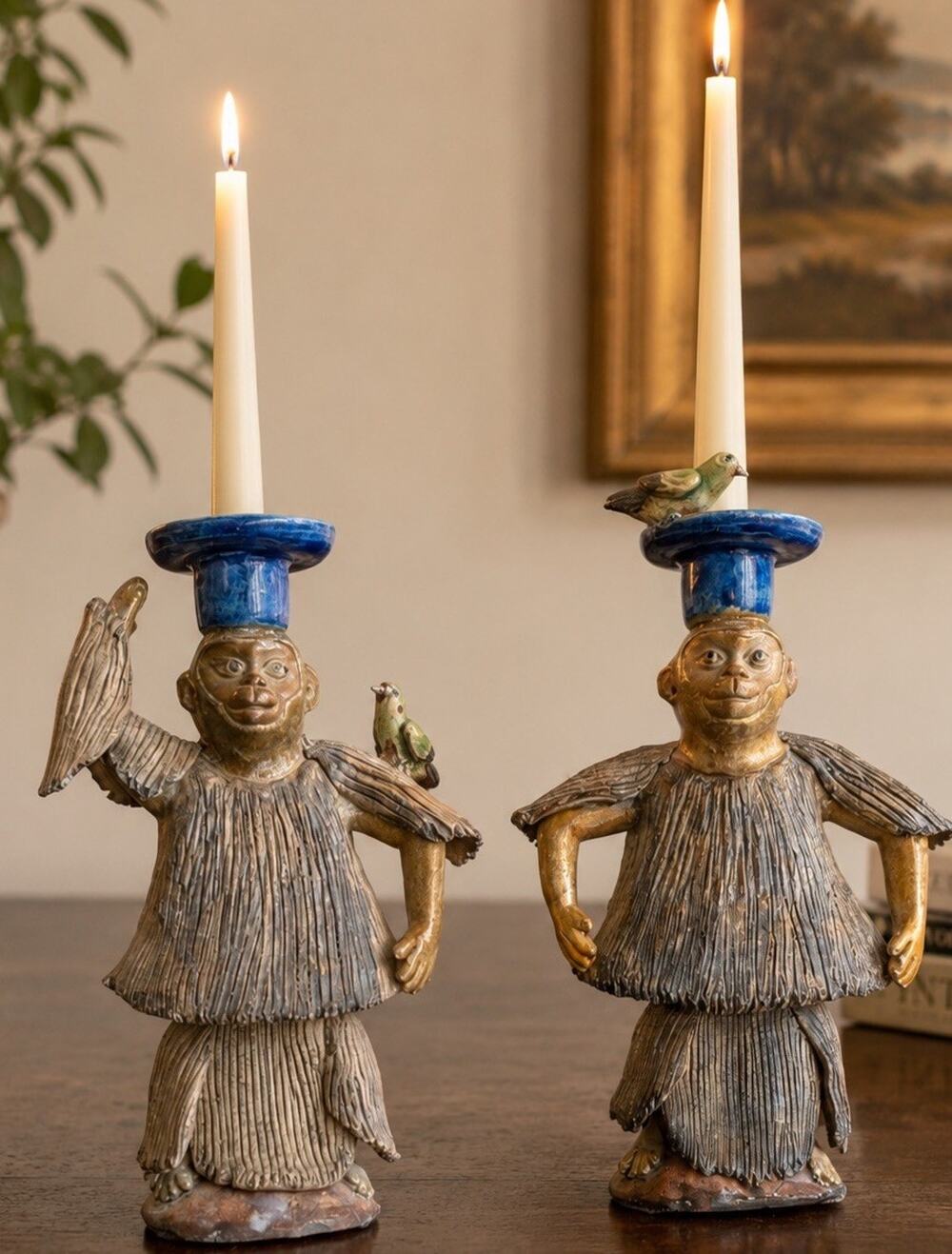 Vtg Monkey Candlestick Pair Shiwan Pottery Monochrome Chinese Mudman Figurine